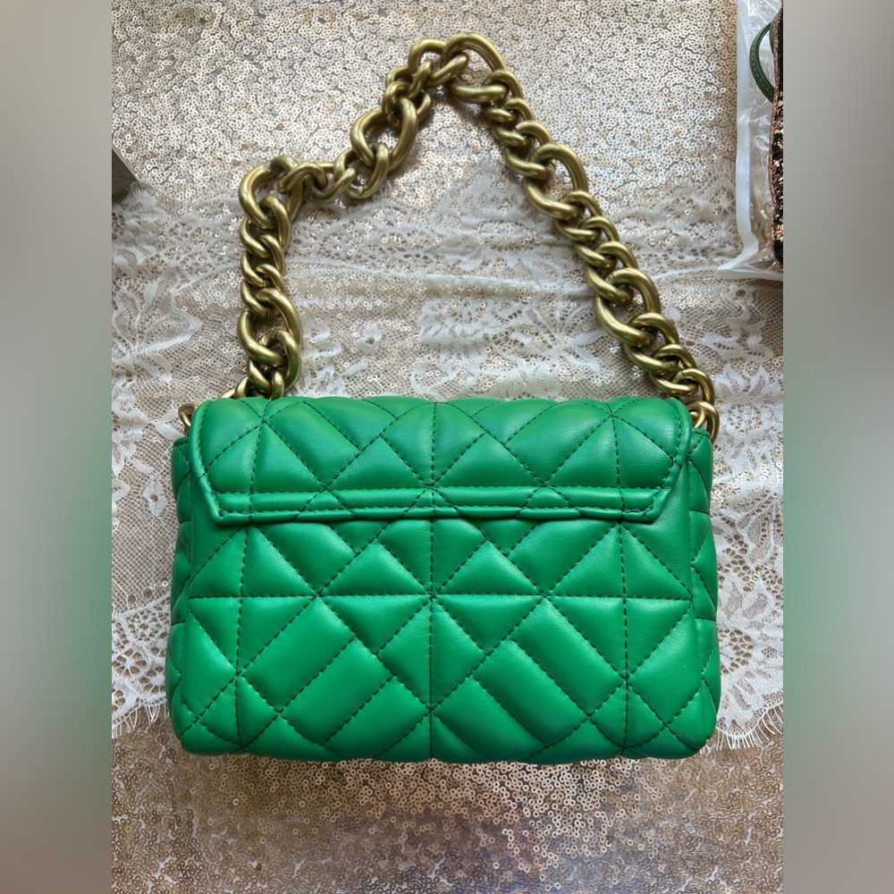 Zara Green Quilted Chunky Chain Shoulder Bag Gem